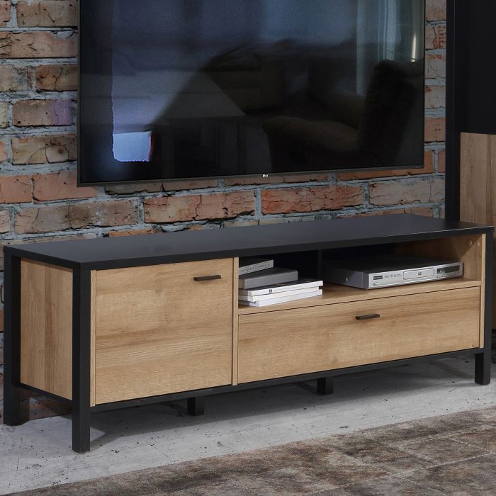 High Rock TV Unit-  Matt Black & Oak